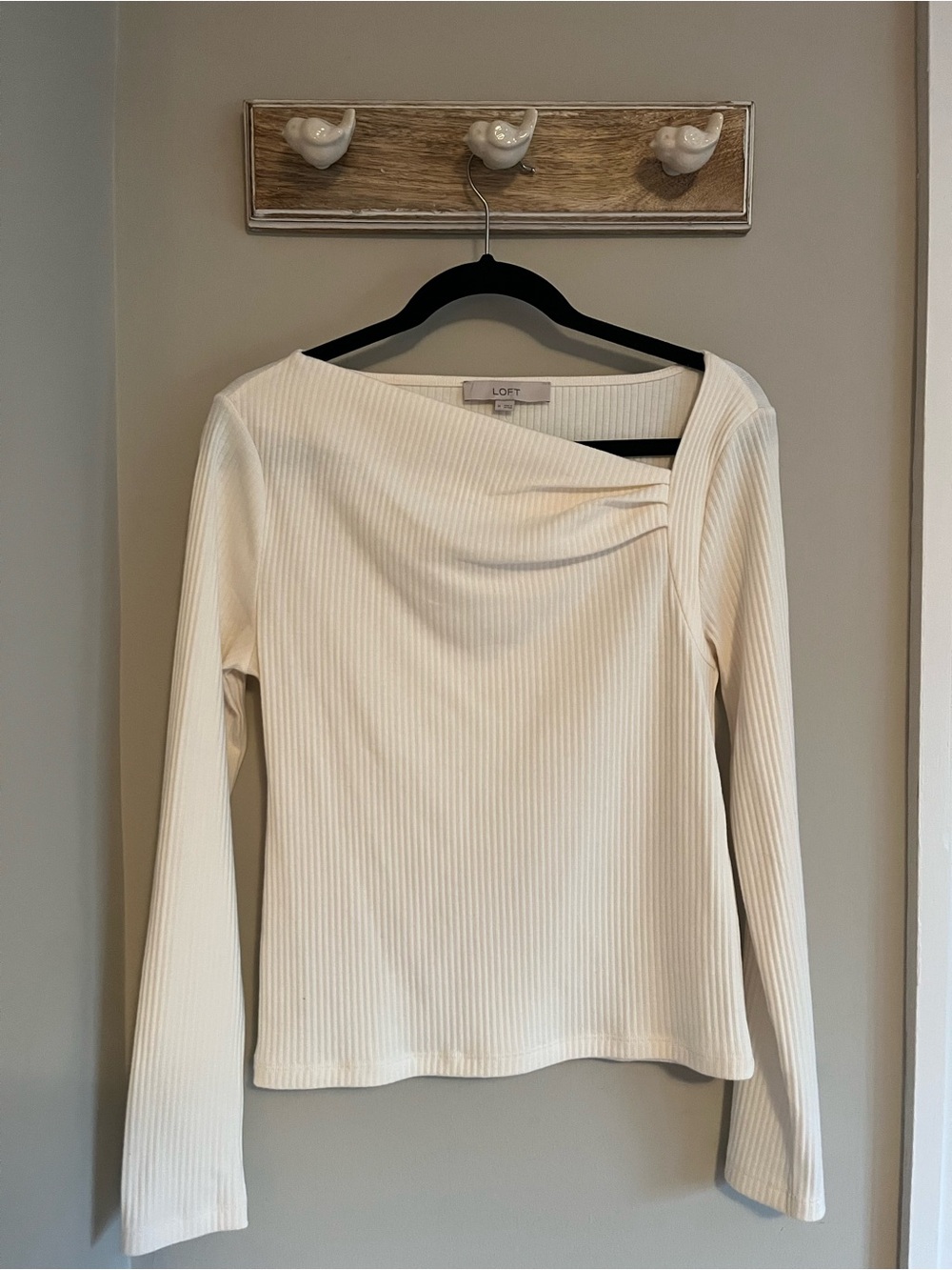 LOFT Cream Ribbed Asymmetric-Detail Long Sleeve Top